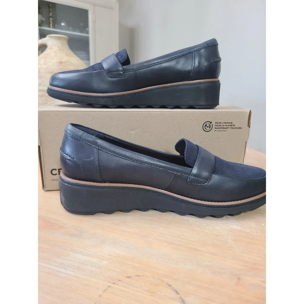 Clarks Sharon Graci Wedge Loafers Womens 10 Navy Leather Plaid Comfort shoes